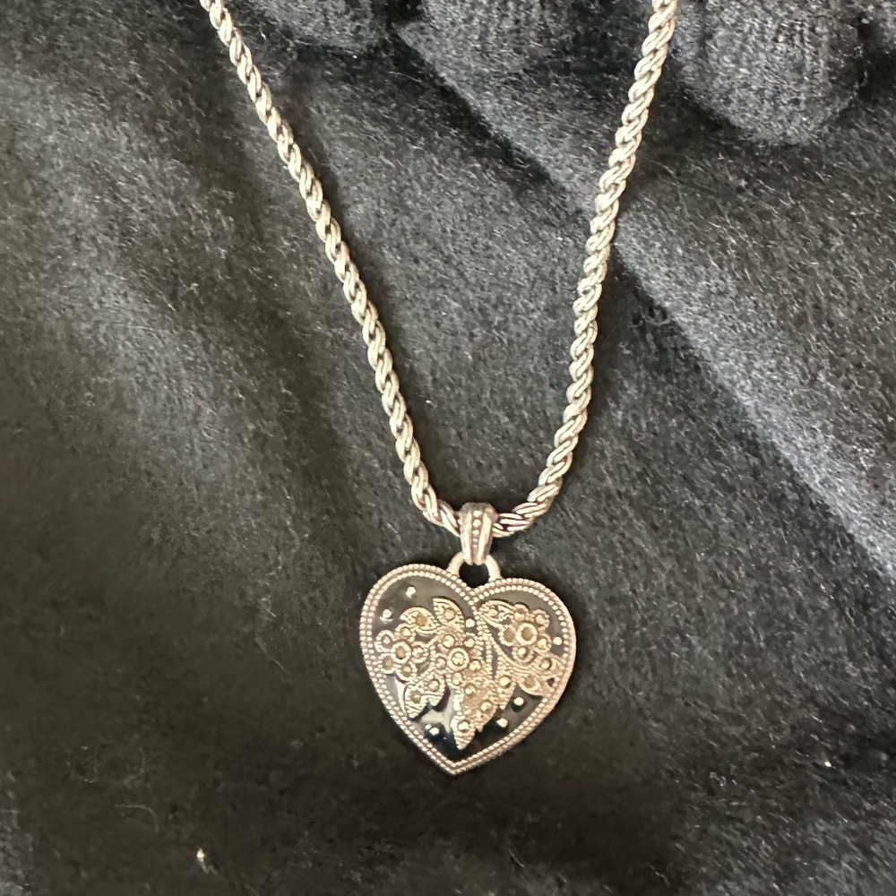 Brighton Silver Heart Necklace - Black and Silver w/Crystals -Reversible- 16-18"